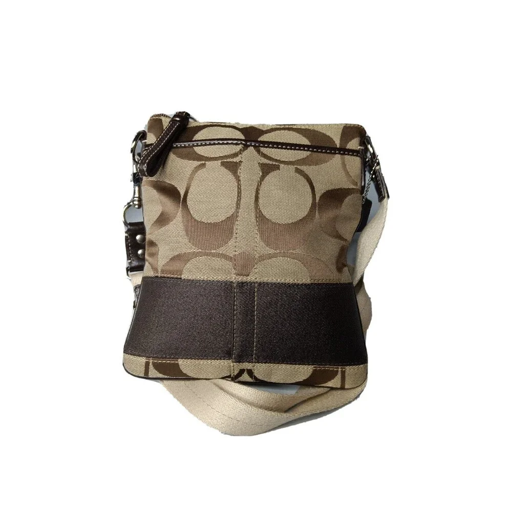 Coach Signature Swingpack Crossbody Khaki Brown Stripe Handbag Purse